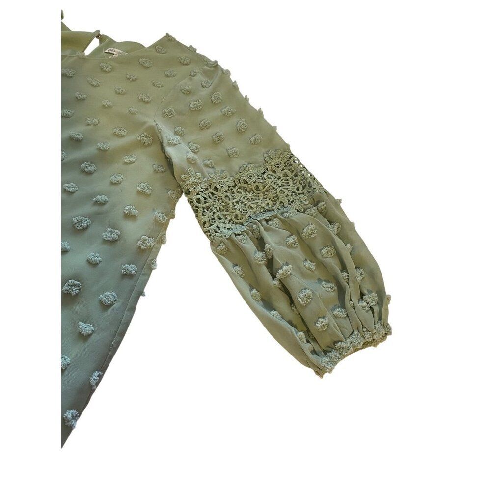 Cato Top Women 14/16W Green Textured Polka Dot Blouse Crochet Sleeves Lined Boho - Picture 14 of 16